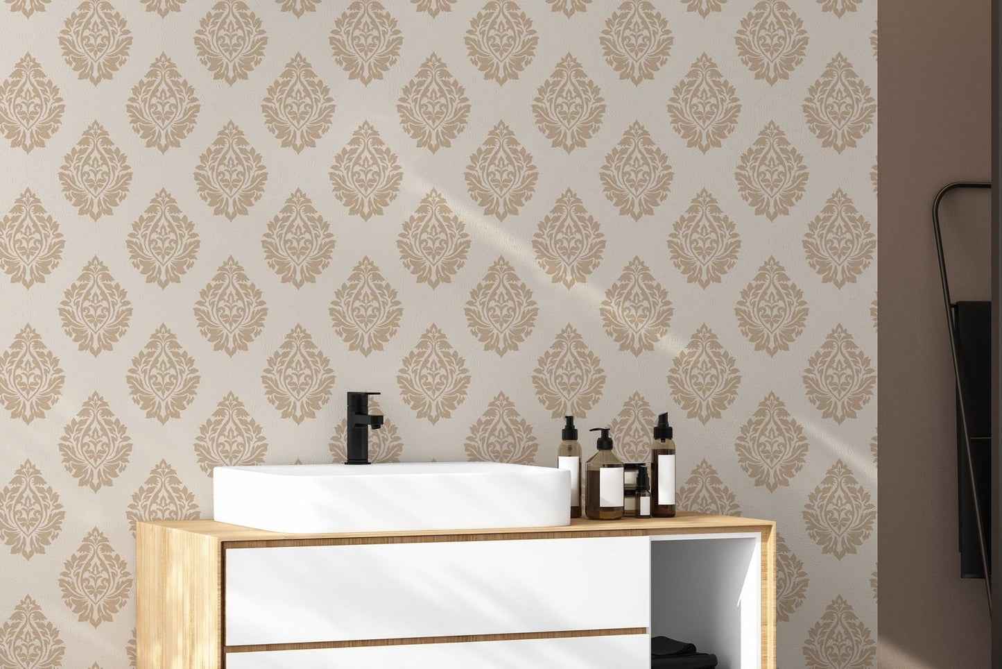 Timeless beige Victorian damask wallpaper with intricate designs. damask-20
