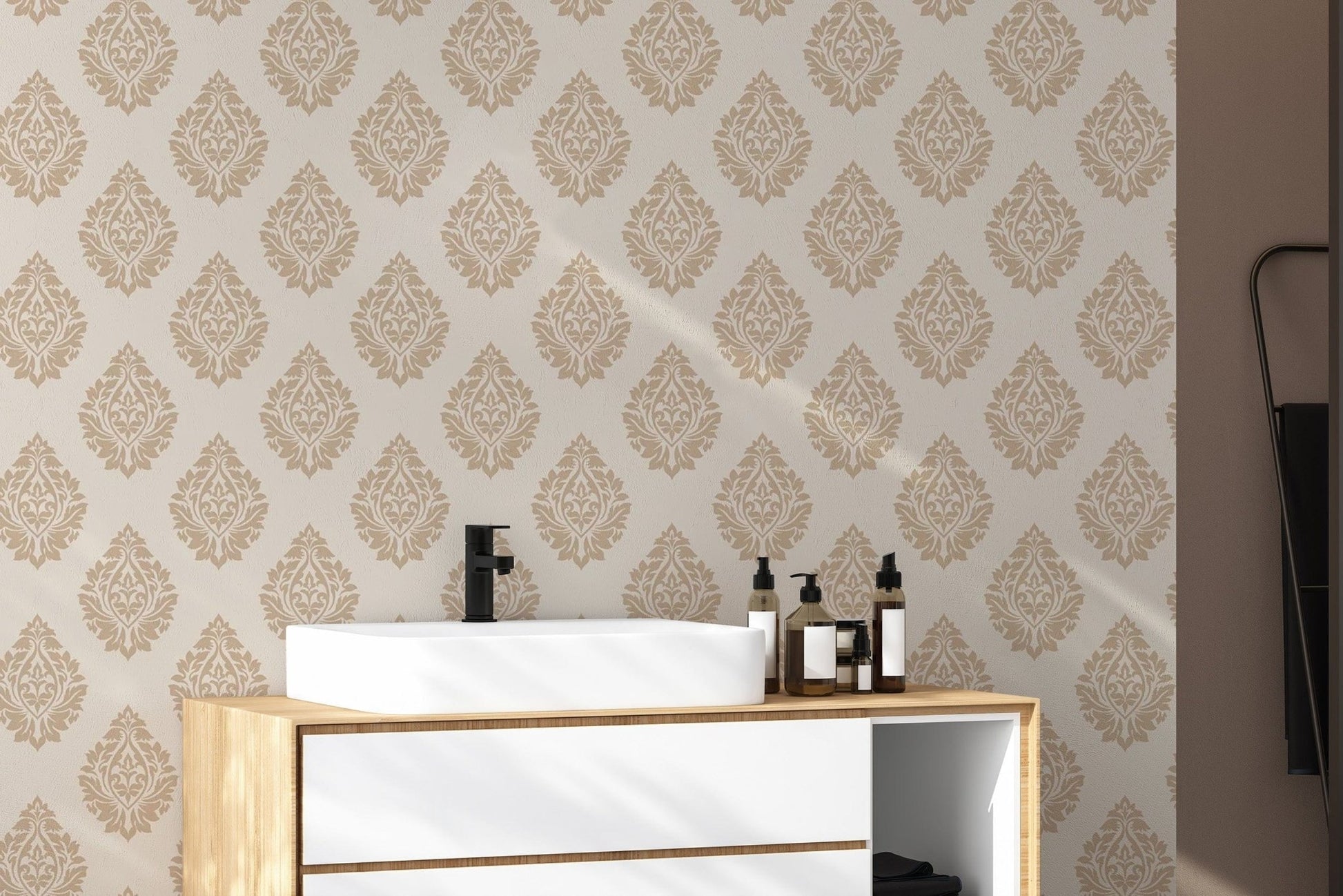 Timeless beige Victorian damask wallpaper with intricate designs. damask-20
