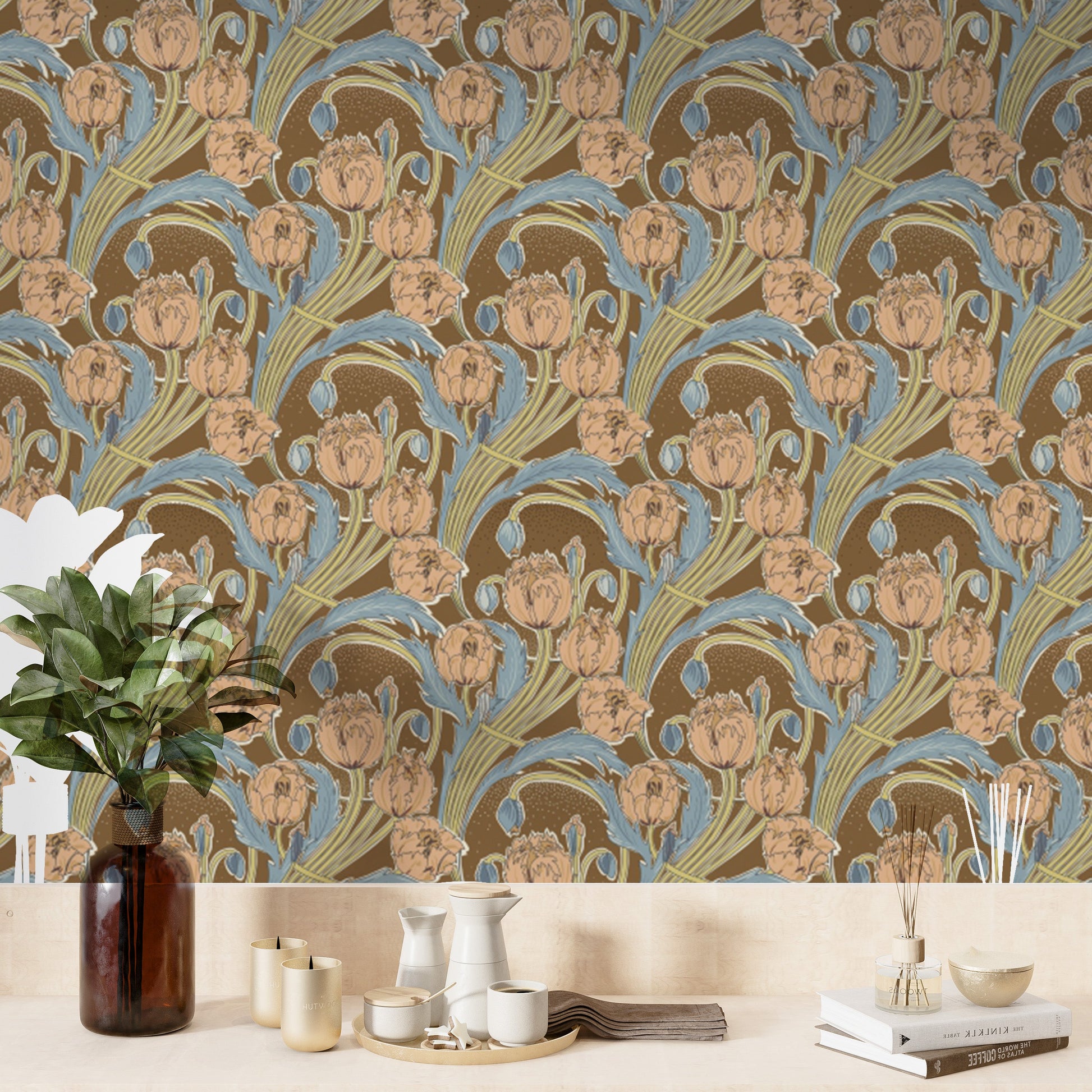 Victorian Cottage Garden wallpaper creating a serene floral ambiance.
