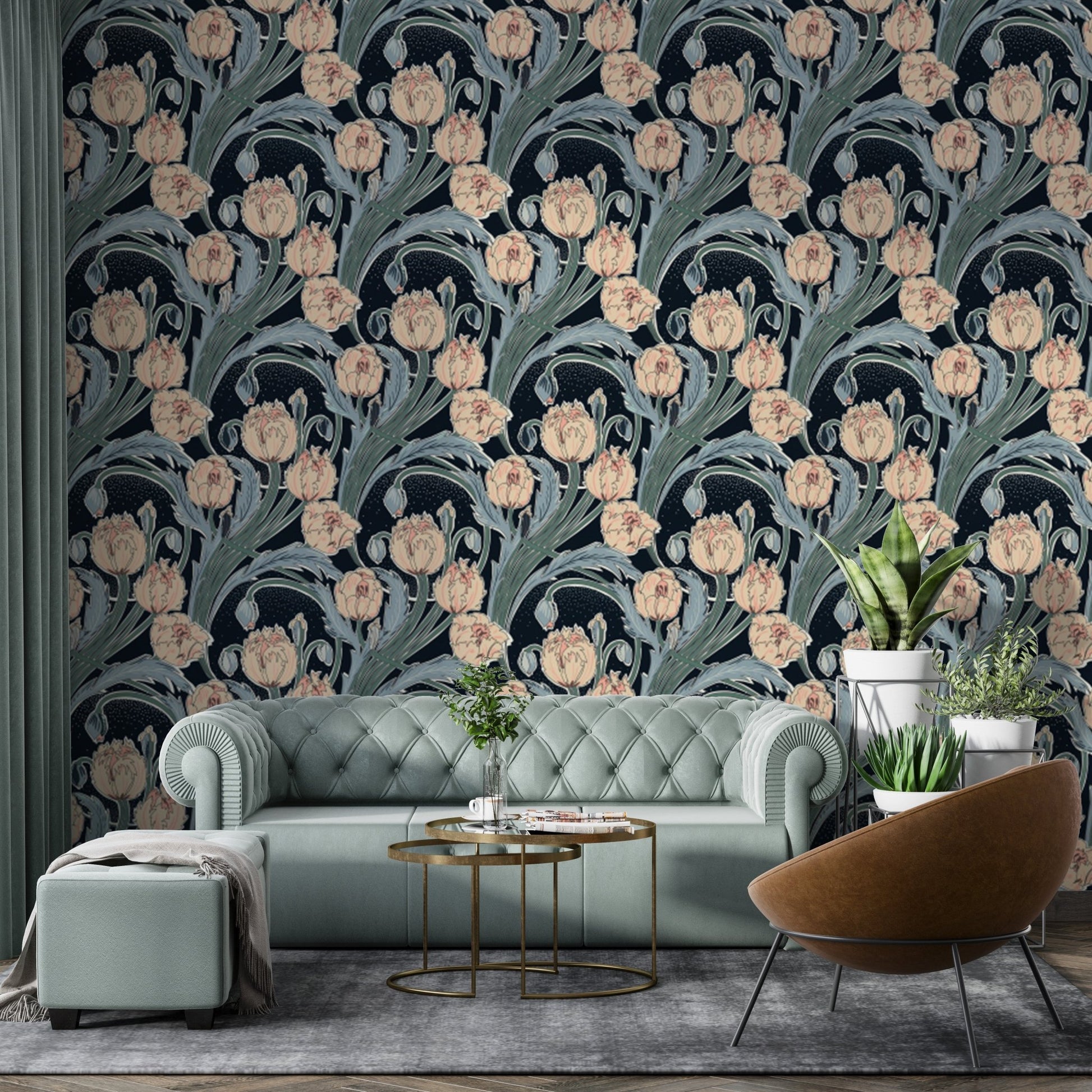 Sophisticated Moonlit Tulip wallpaper with delicate tulip motifs.
