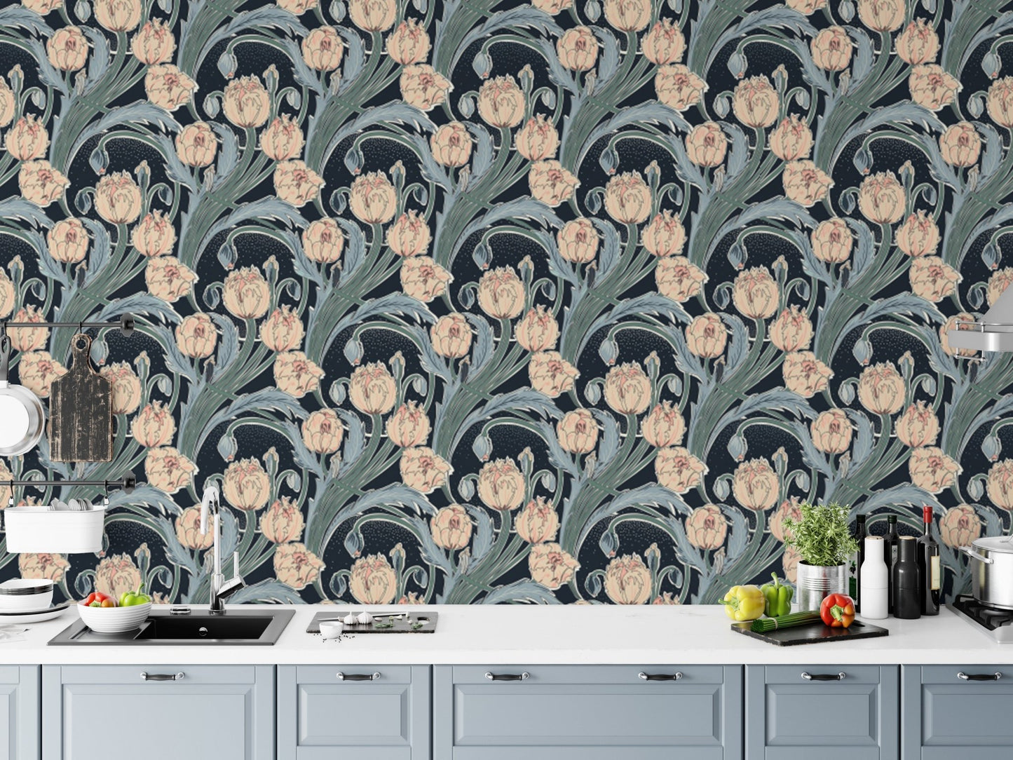 Moonlit Tulip Elegance wallpaper with soft floral patterns.
