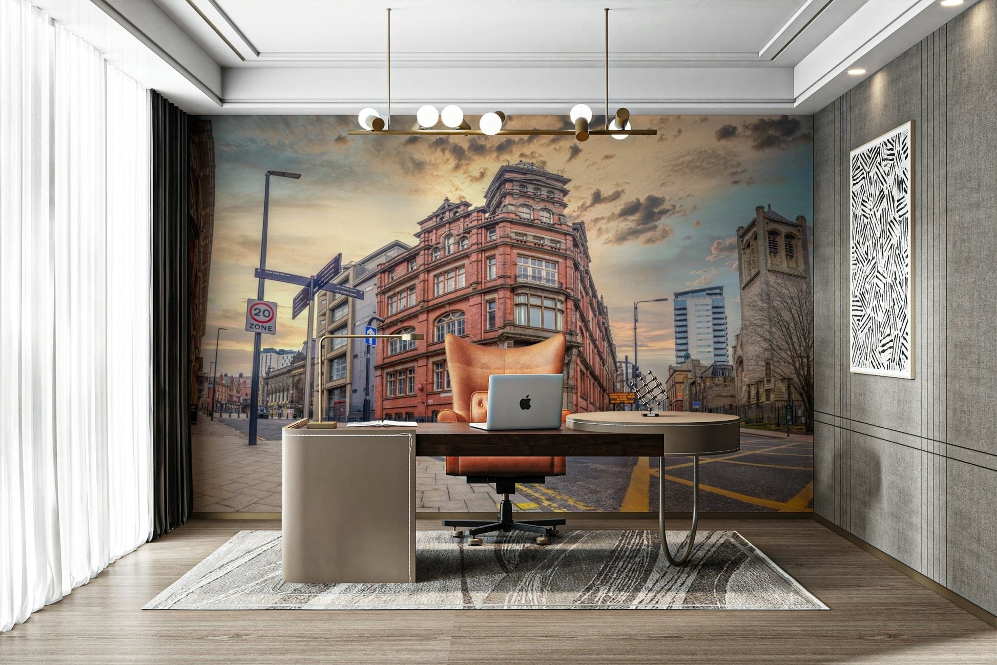 Gaslit street wall mural in soft tones

