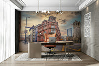 Gaslit street wall mural in soft tones

