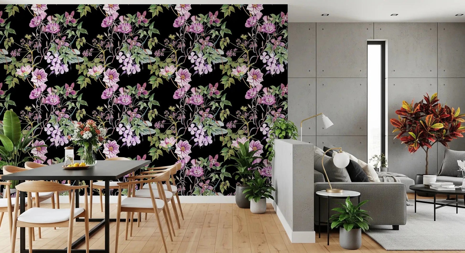 Dining area wall with Vine Embrace wallpaper in dark botanical contrast