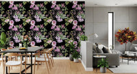 Dining area wall with Vine Embrace wallpaper in dark botanical contrast