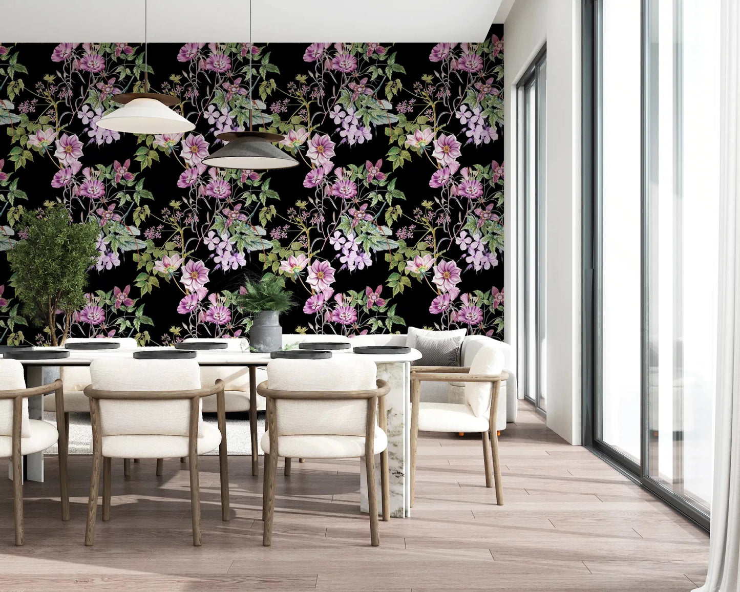 Dining room featuring Victorian Vine wallpaper and detailed leafy stems