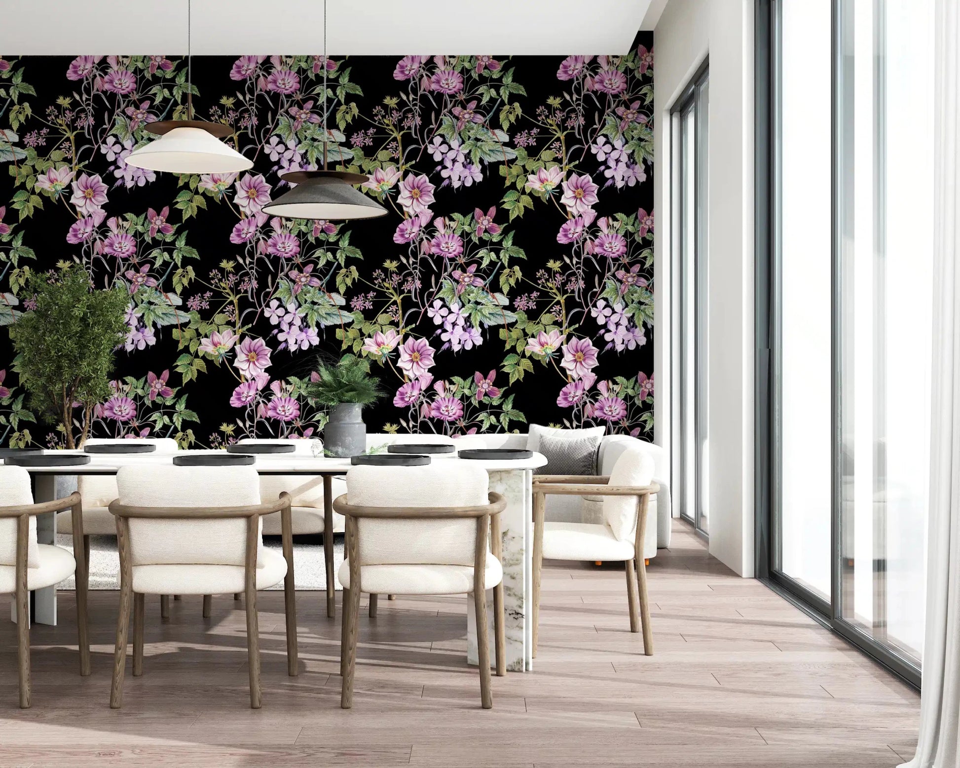 Dining room featuring Victorian Vine wallpaper and detailed leafy stems