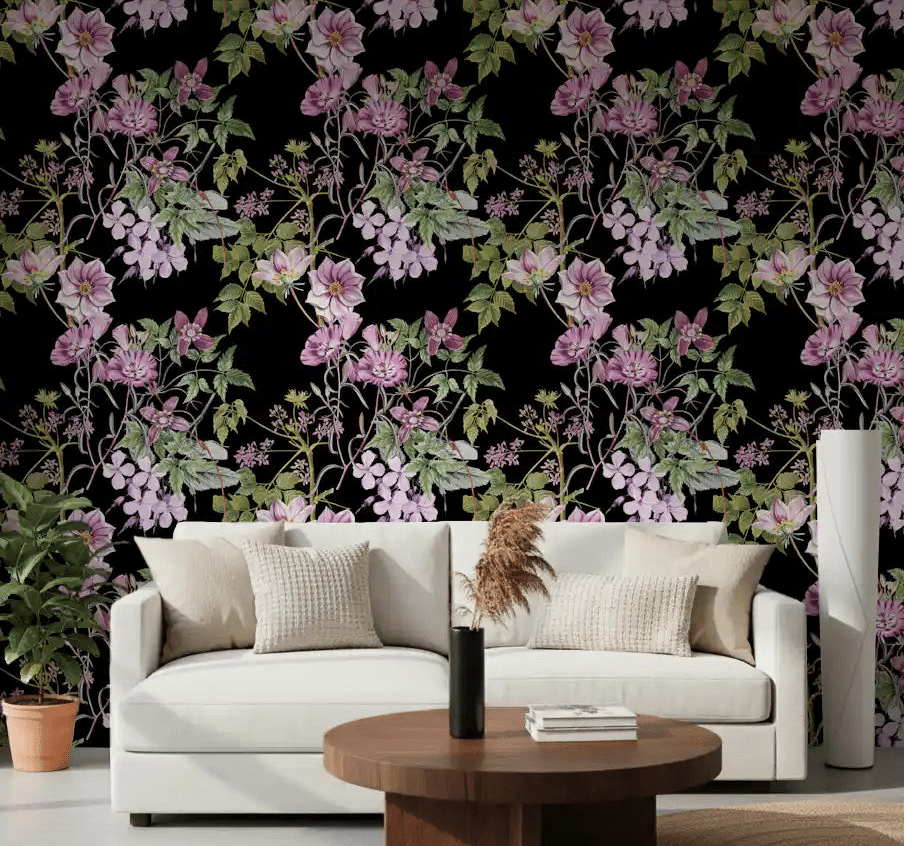 Hallway with Victorian Vine wallpaper in lilac floral and black tones