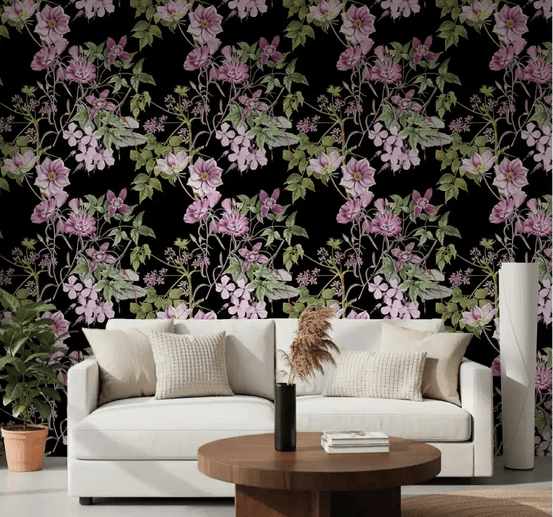 Hallway with Victorian Vine wallpaper in lilac floral and black tones, GD9370