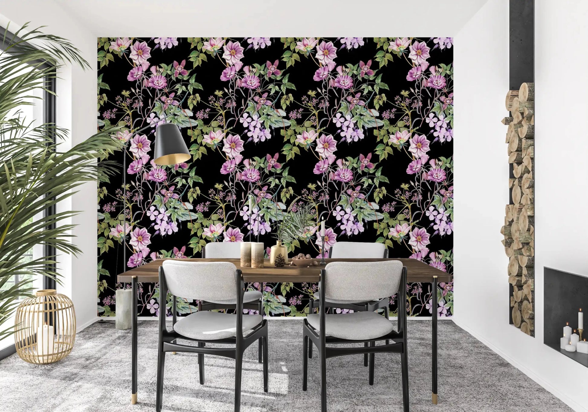 Botanical wallpaper featuring Vine Embrace pattern and soft pastel petals