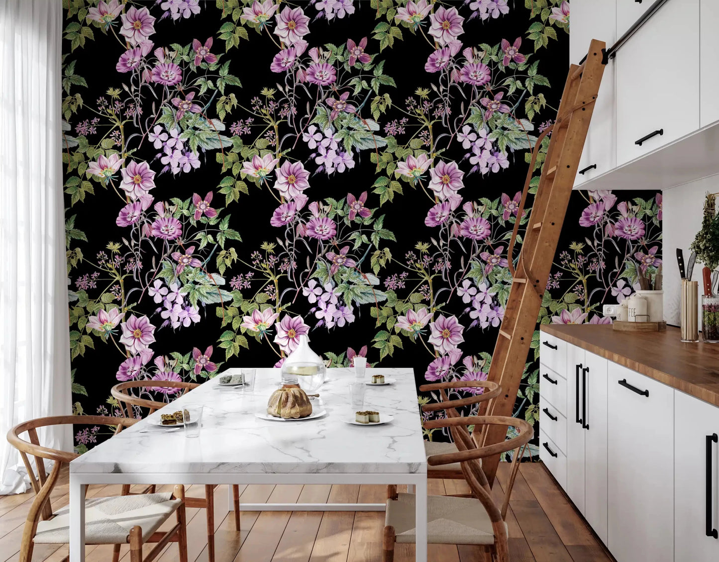 Victorian Vine wallpaper with lilac flowers on a rich black background