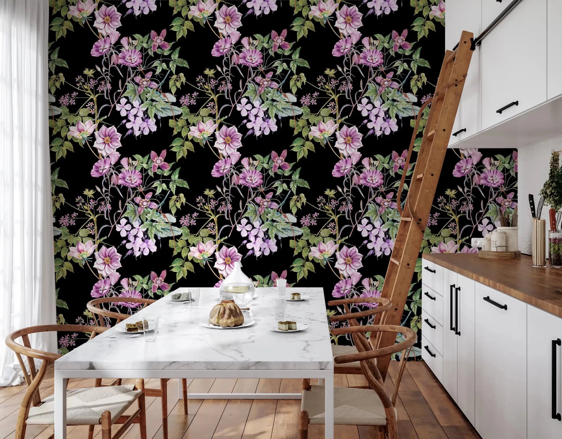 Victorian Vine wallpaper with lilac flowers on a rich black background