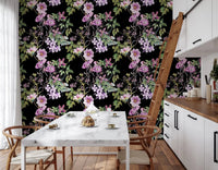 Victorian Vine wallpaper with lilac flowers on a rich black background