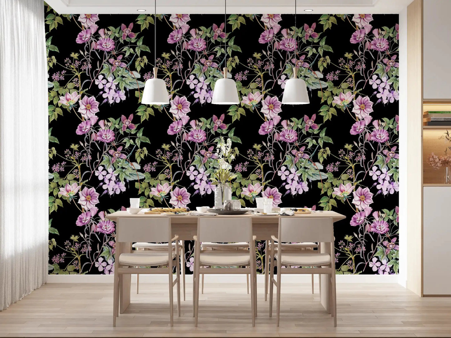 Vine Embrace wallpaper showing purple blossoms and curling floral vines