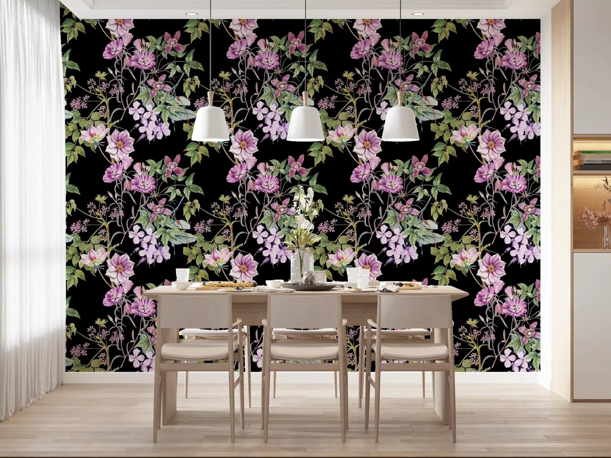 Vine Embrace wallpaper showing purple blossoms and curling floral vines
