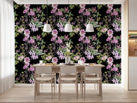 Vine Embrace wallpaper showing purple blossoms and curling floral vines