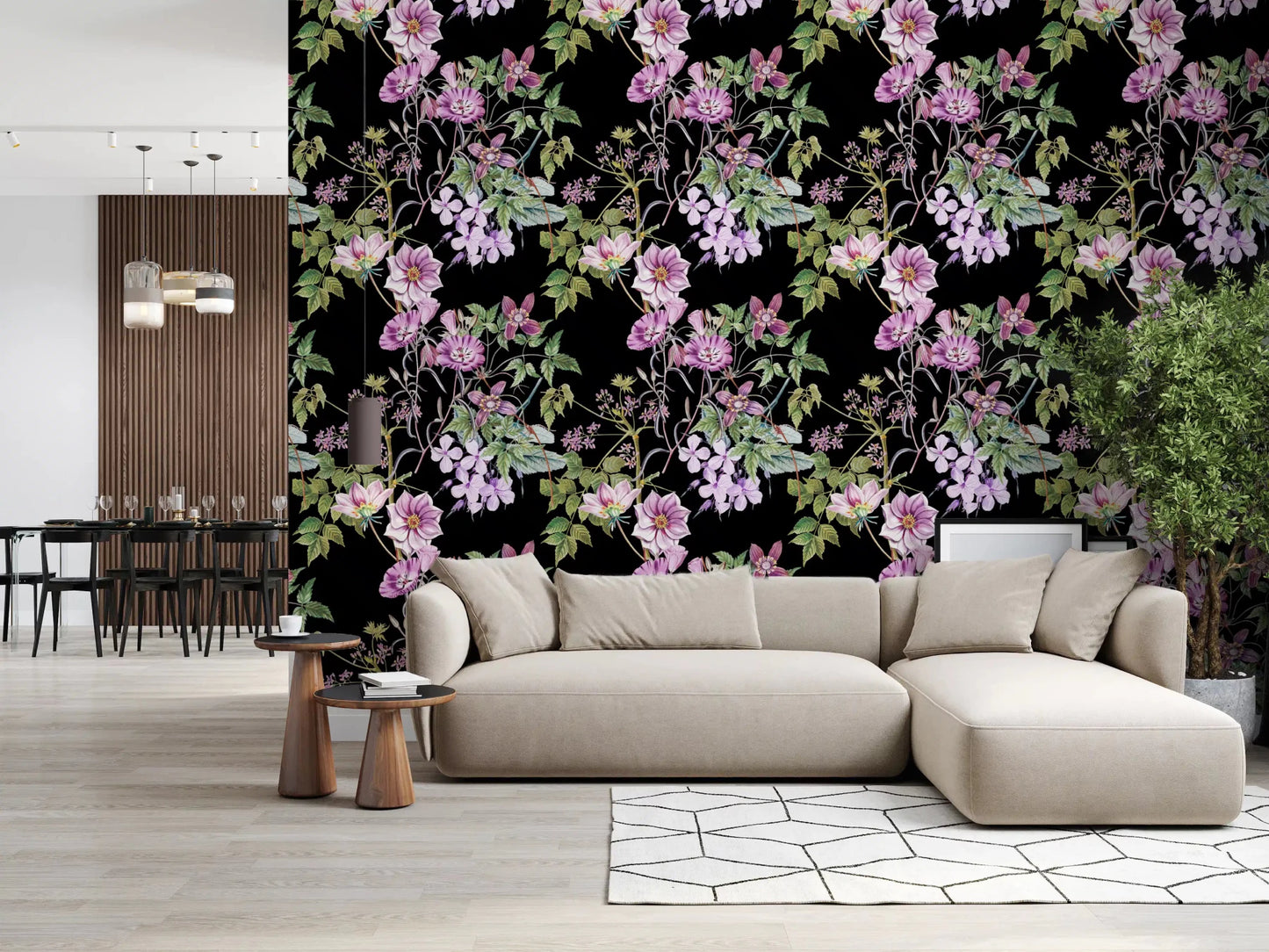Living room styled in Vine Embrace wallpaper with trailing purple blooms