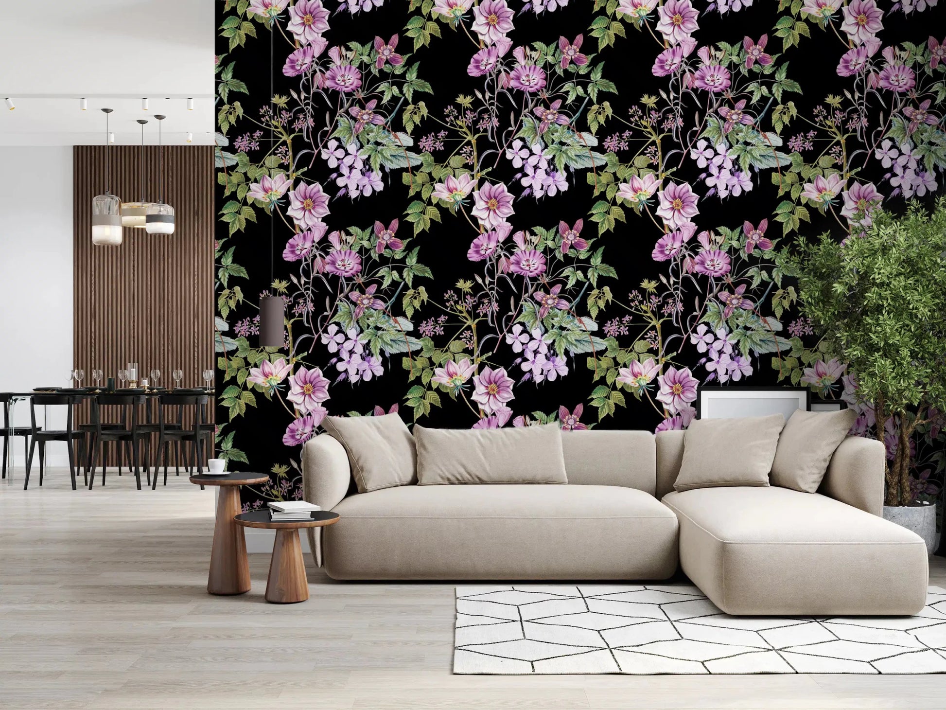 Living room styled in Vine Embrace wallpaper with trailing purple blooms
