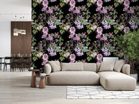 Living room styled in Vine Embrace wallpaper with trailing purple blooms
