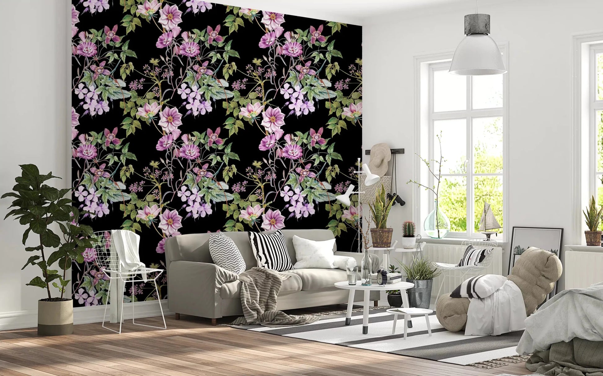 Elegant floral wallpaper with Vine Embrace flowers and dark contrast
