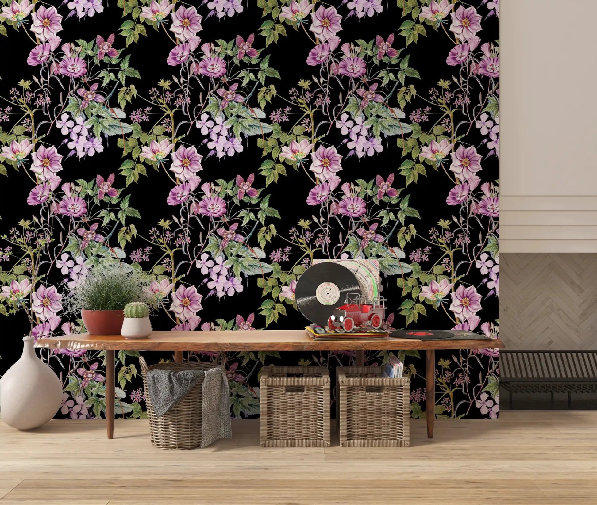 Dark floral wallpaper with Victorian Vine blooms and green leaf detail