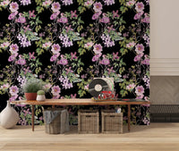 Dark floral wallpaper with Victorian Vine blooms and green leaf detail