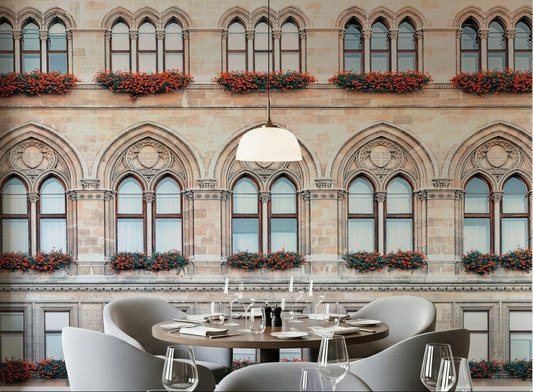 A dining corner paired with Vienna Facade Wall Mural and repeating historic arches