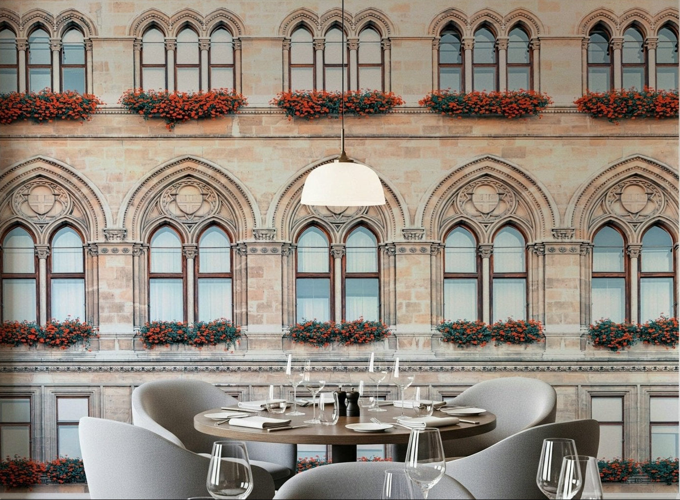 A dining corner paired with Vienna Facade Wall Mural and repeating historic arches