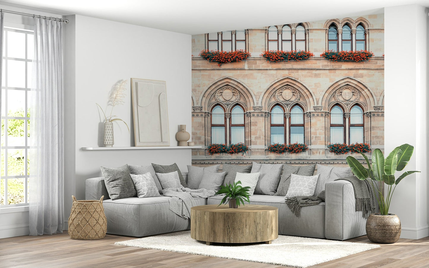 The room feels brighter with Vienna Facade Wall Mural and floral-lined window bands