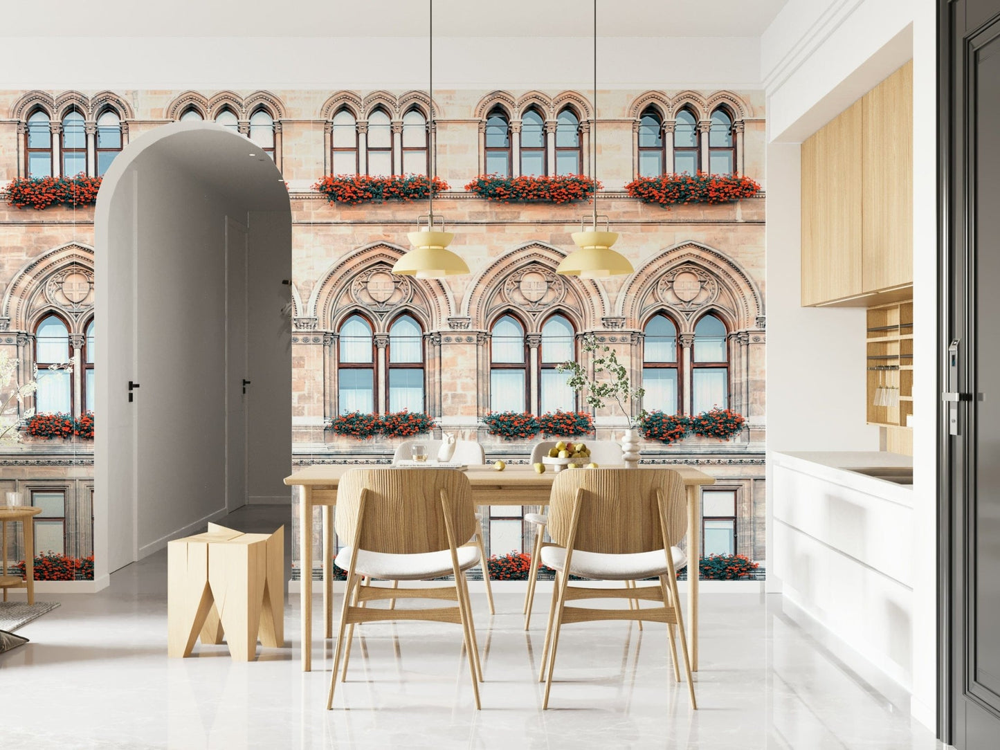 Vienna Facade Wall Mural gives this dining space a refined old-city facade backdrop