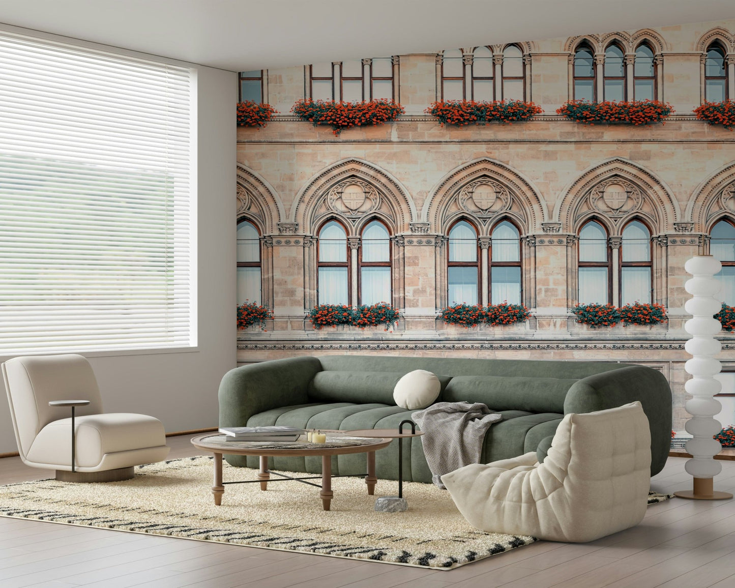 Vienna Facade Wall Mural creates a neat heritage backdrop for this relaxed lounge