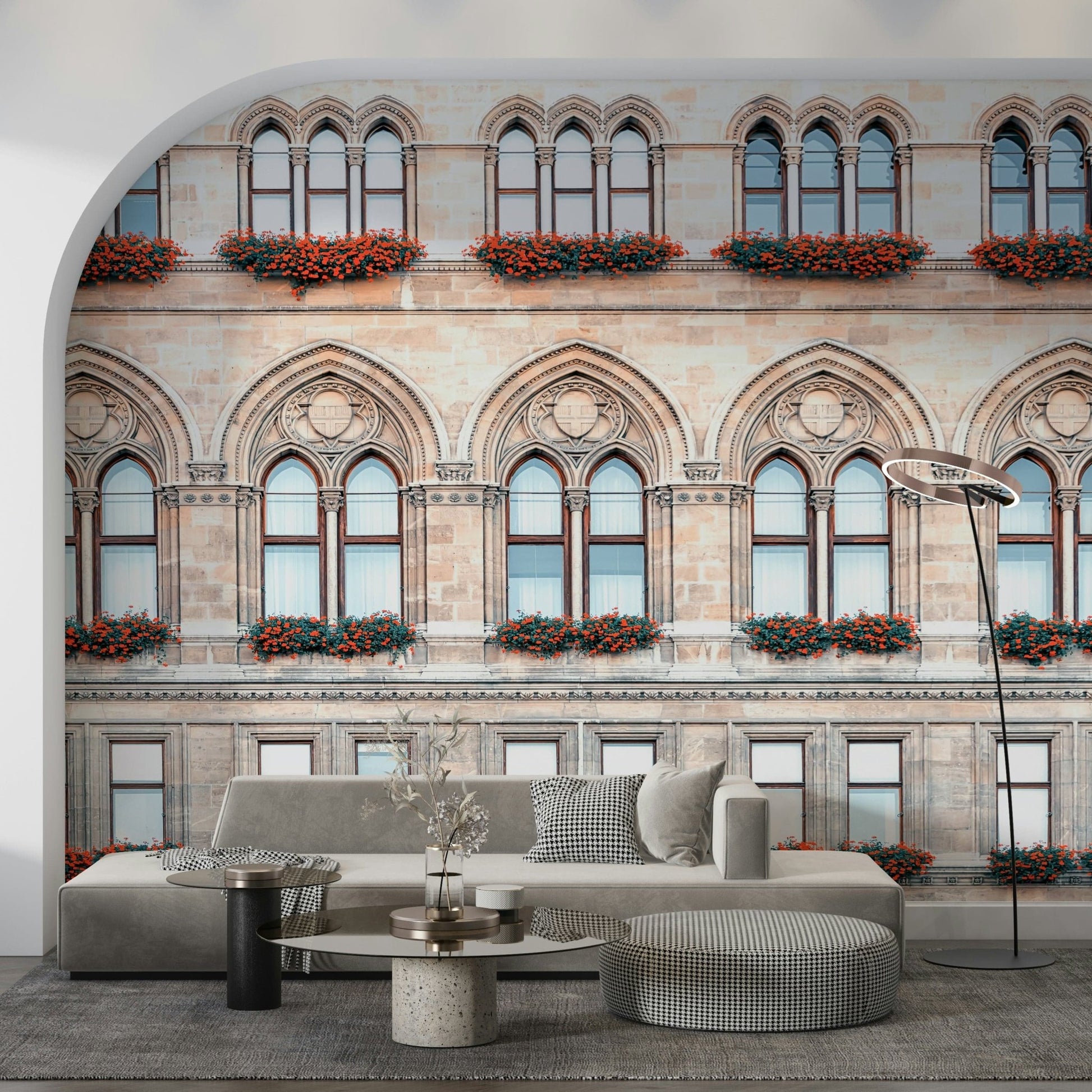 A low-seating room softened by Vienna Facade Wall Mural and classic stone arches