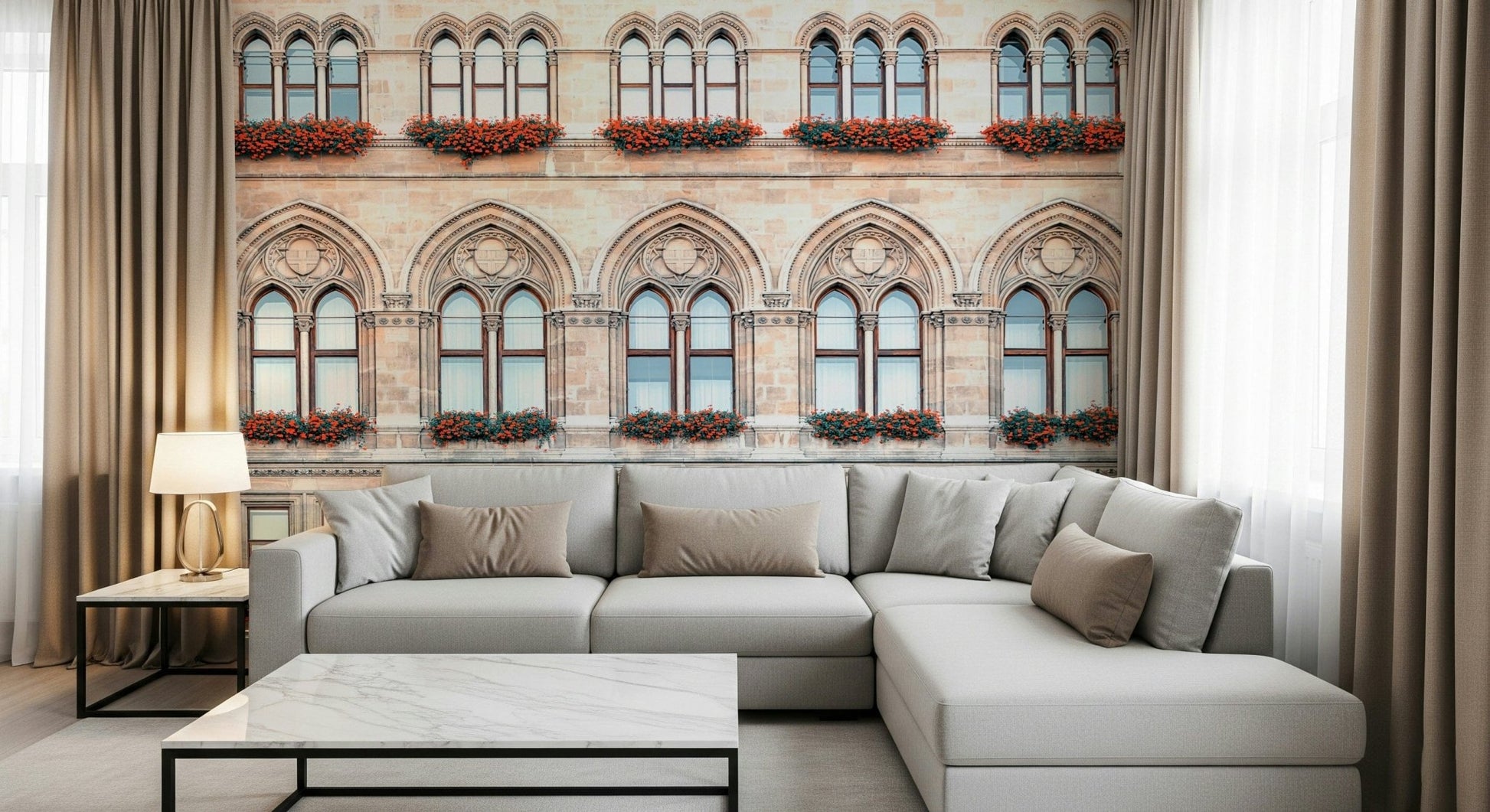 A modern sitting area framed by Vienna Facade Wall Mural and soft stone detailing