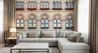 A modern sitting area framed by Vienna Facade Wall Mural and soft stone detailing
