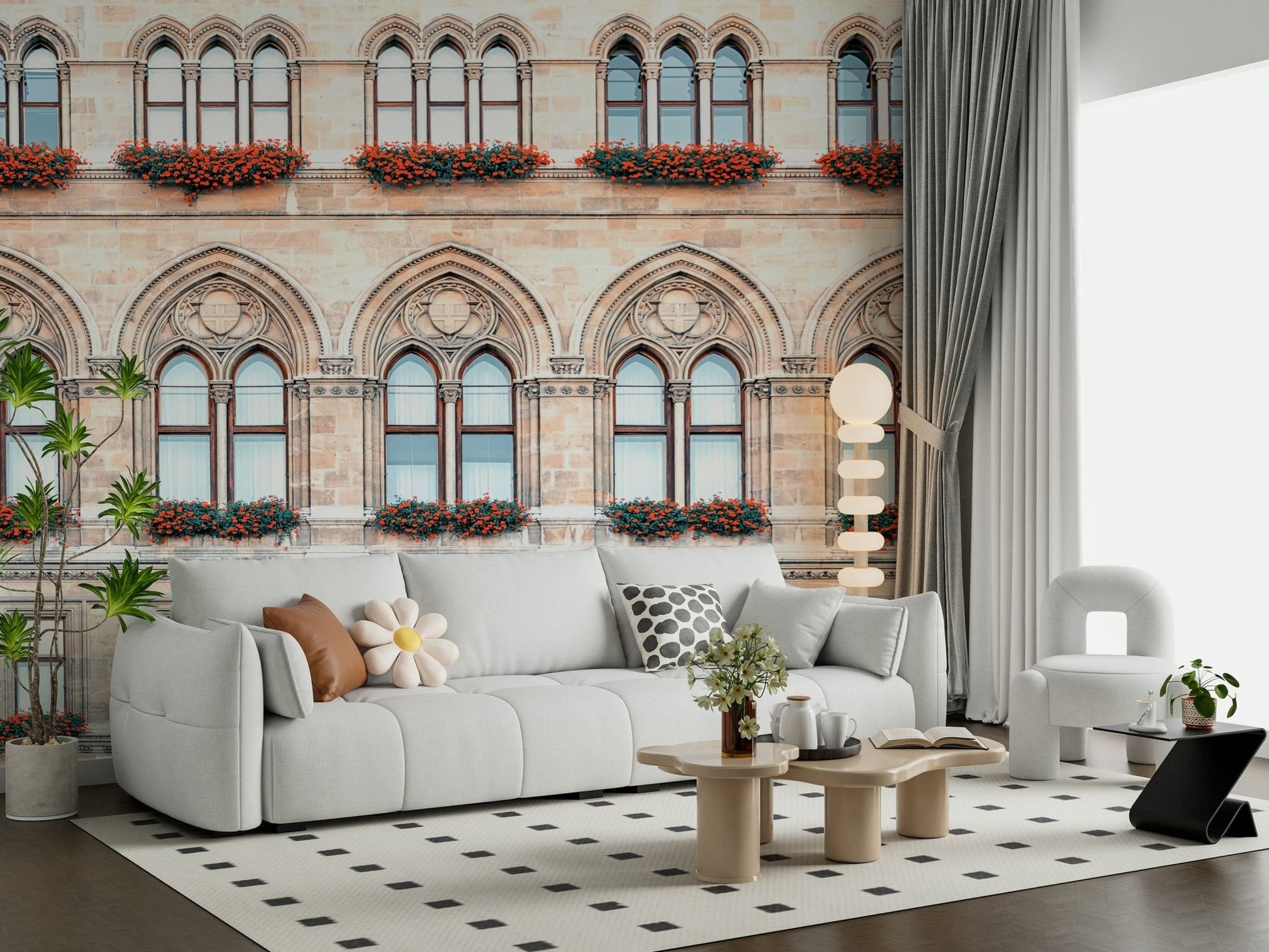 In this sitting area, Vienna Facade Wall Mural adds floral balcony detail and symmetry