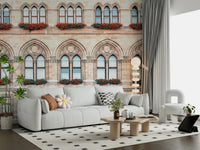 In this sitting area, Vienna Facade Wall Mural adds floral balcony detail and symmetry