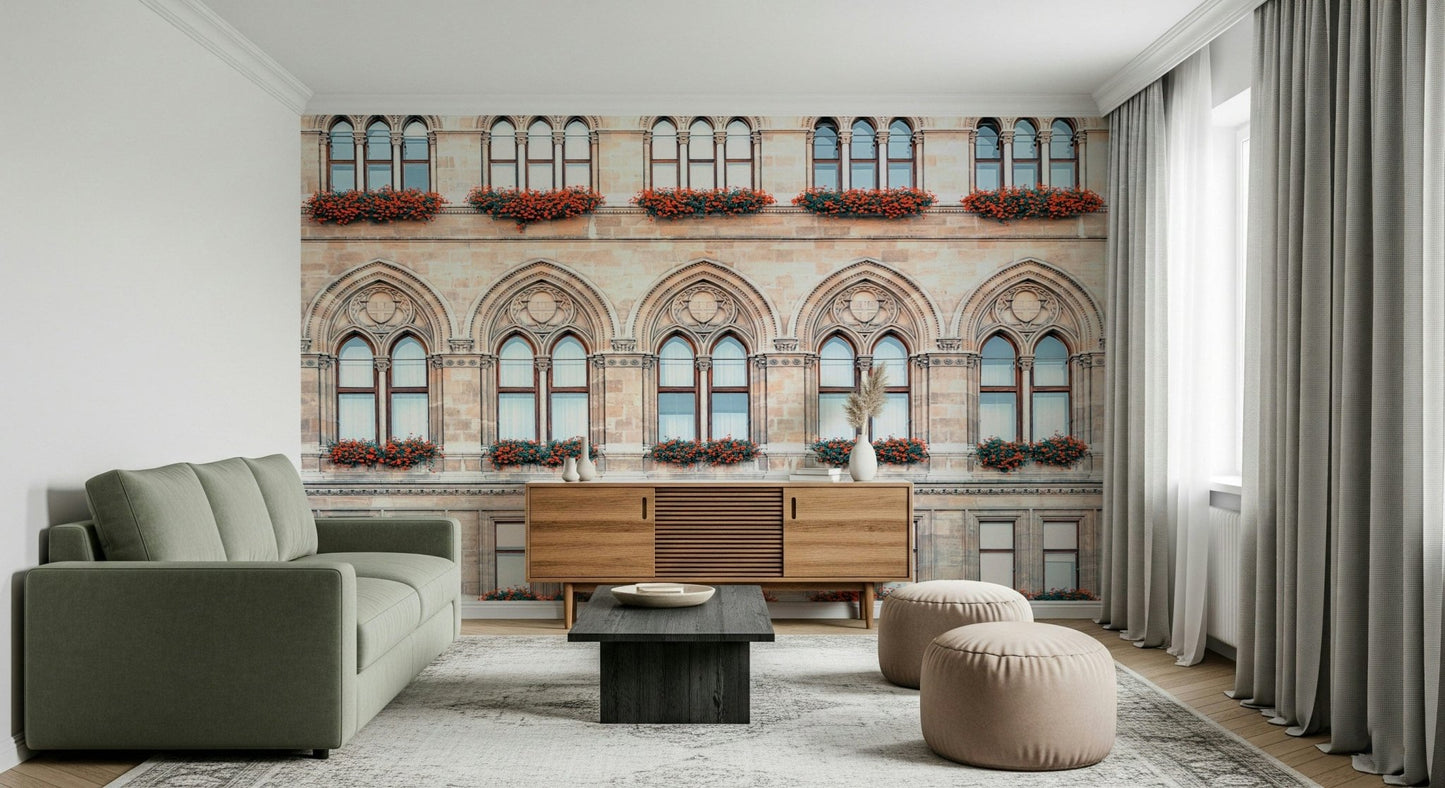 Vienna Facade Wall Mural brings graceful facade rhythm into this bright living room