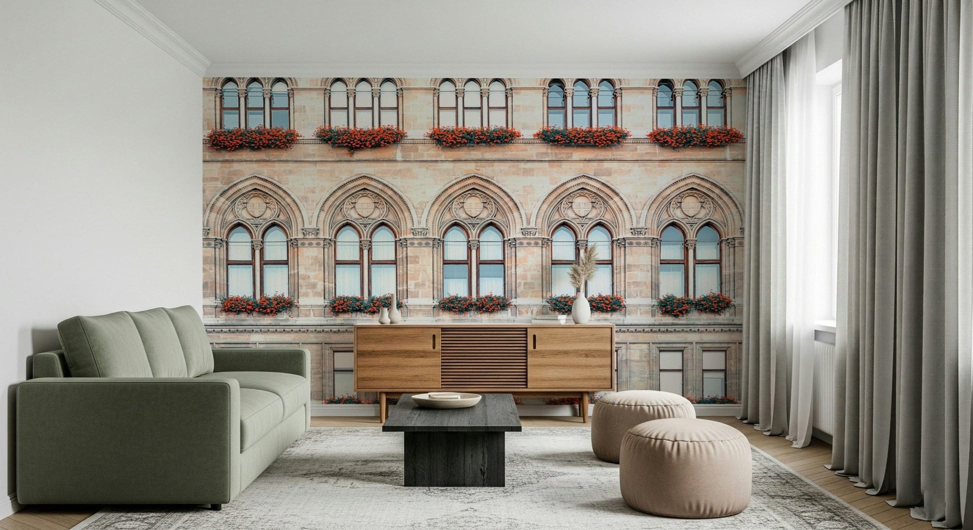 Vienna Facade Wall Mural brings graceful facade rhythm into this bright living room