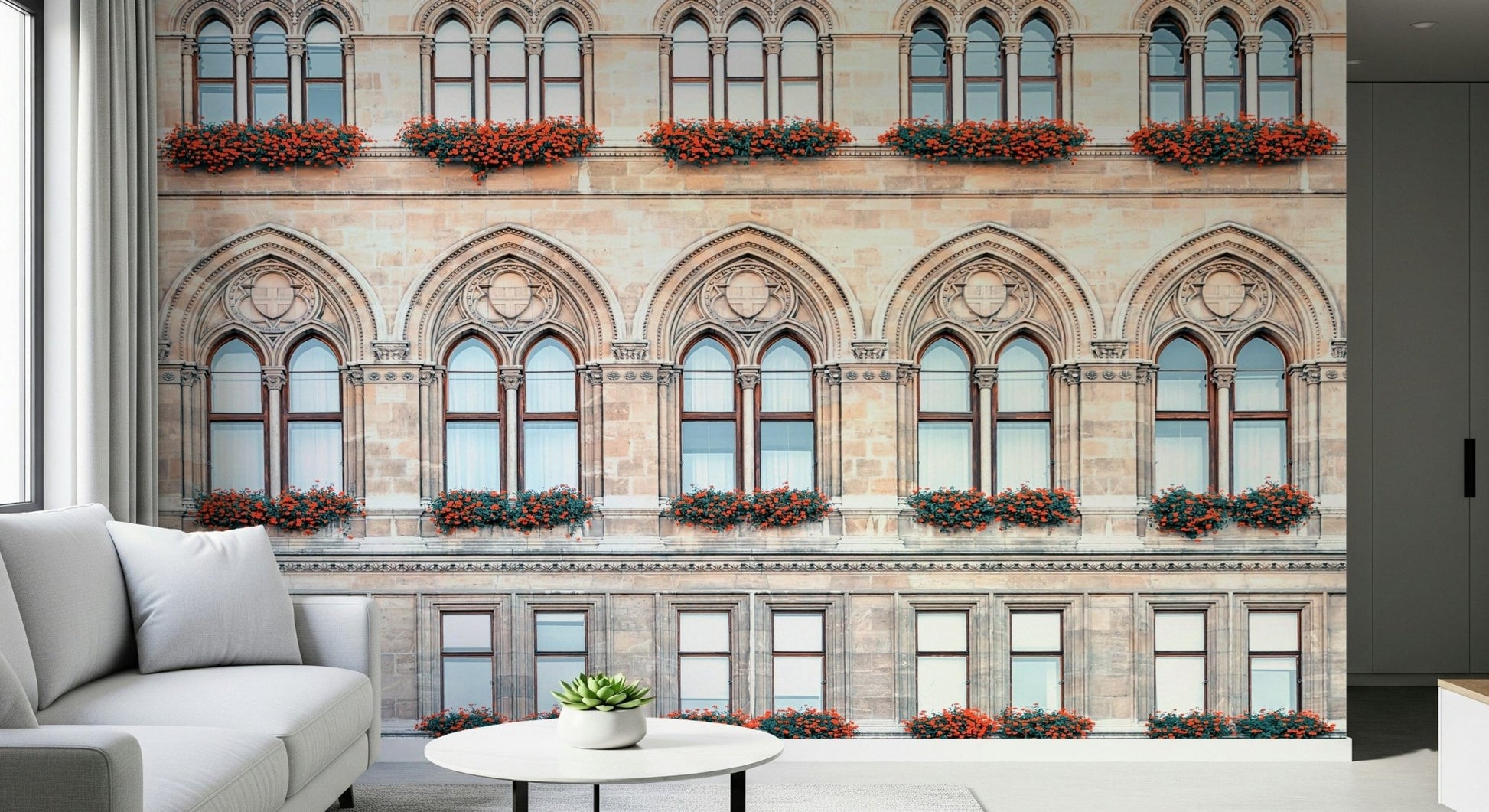A calm lounge styled with Vienna Facade Wall Mural and elegant arched window details