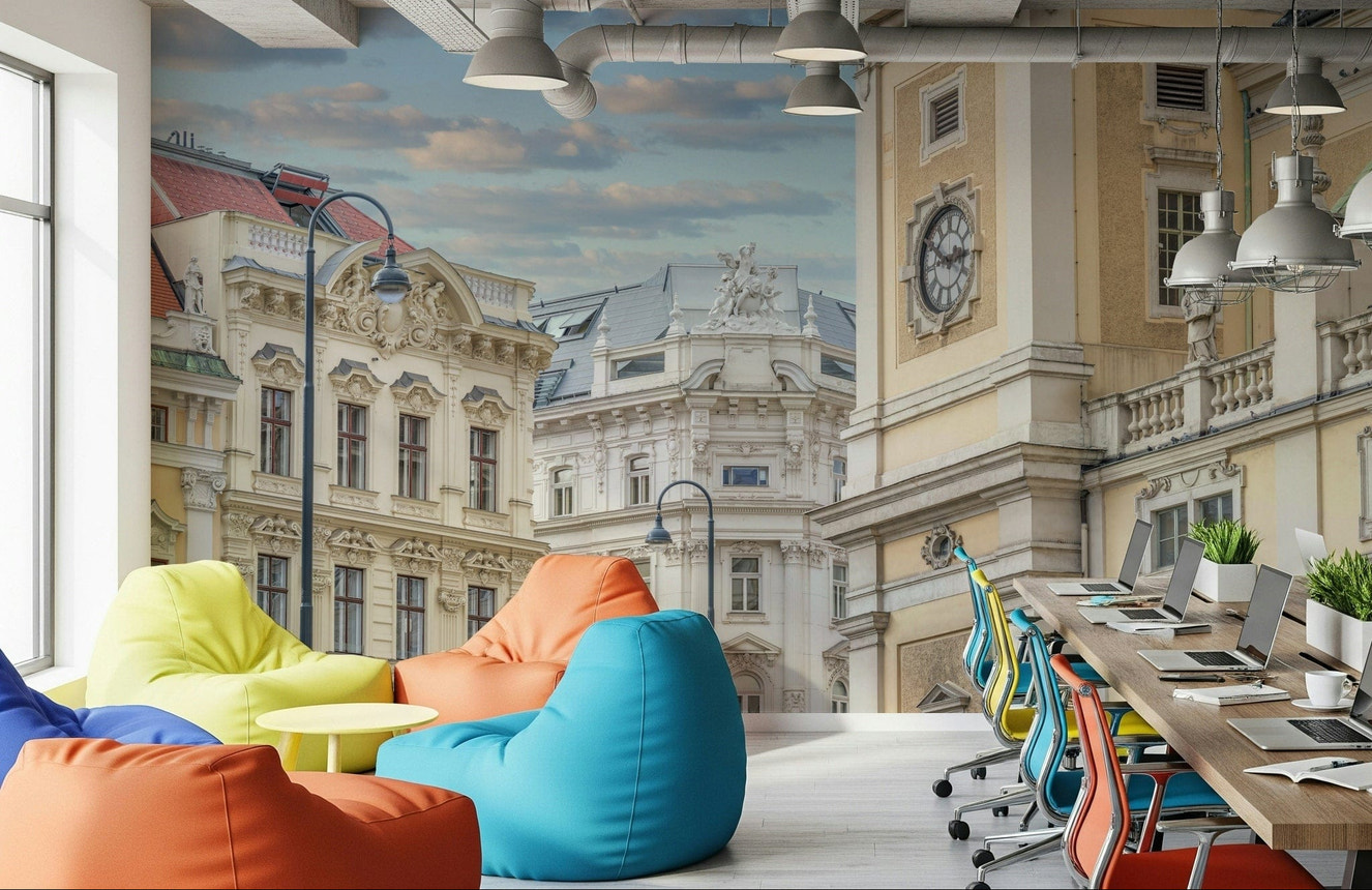 Historic street view wallpaper with a prominent clock tower and stone carvings.
