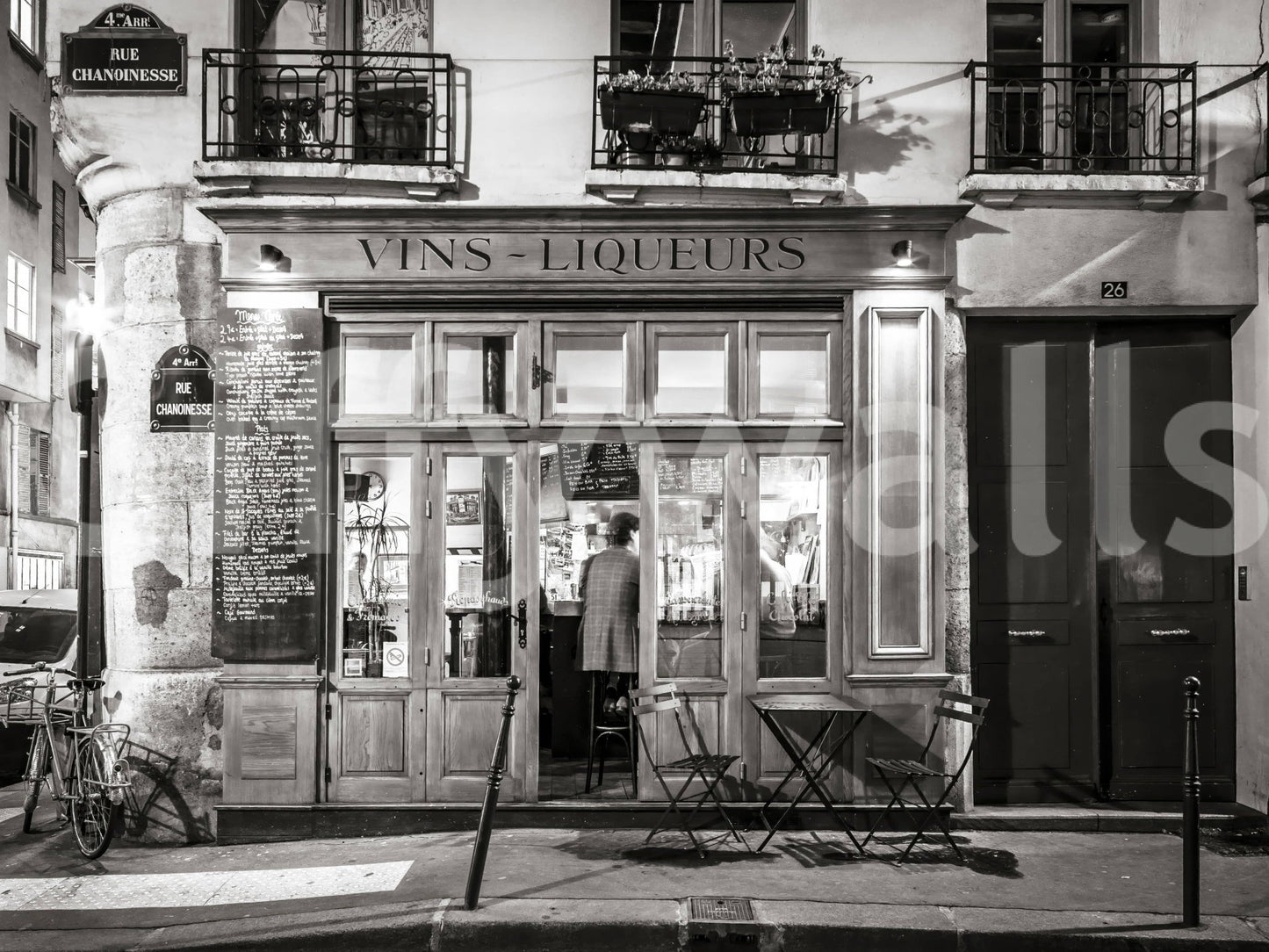 Quiet street view A Parisian Noir Wallpaper, unique black and white art.
