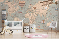 Vibrant vintage aeronautical world wallpaper mural for imaginative kids.