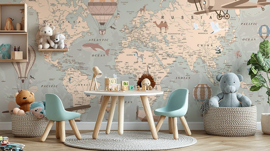 Playful vintage aeronautical world mural wallpaper for kids' rooms. C238