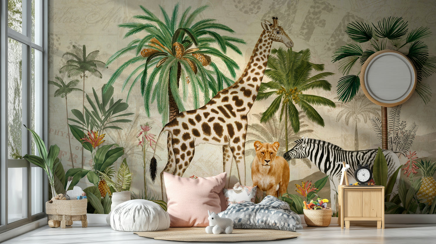 Vintage African mural highlighting exotic wildlife

