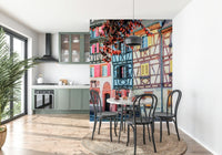 Vintage Alsace Wall Mural brightens a dining room with pastel old-town facade detail