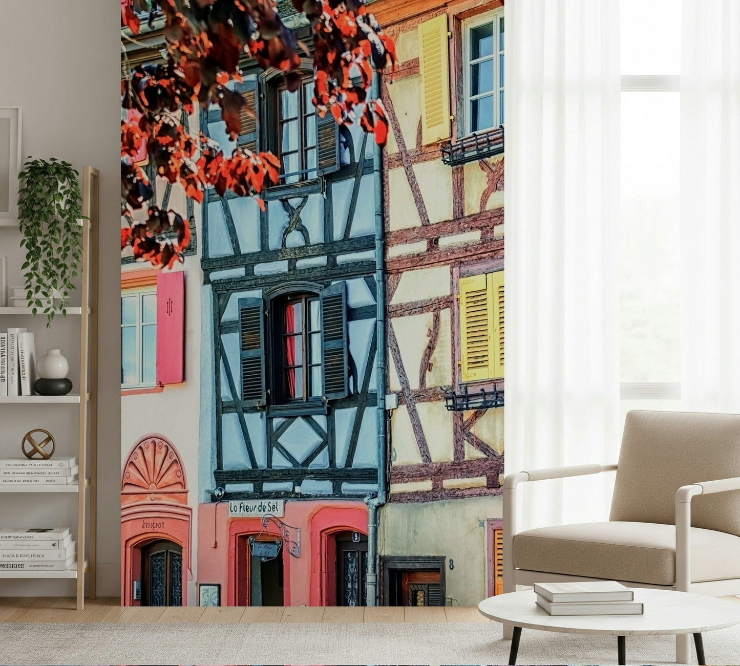Lounge corner styled with Vintage Alsace Wall Mural and colourful timber facade view
