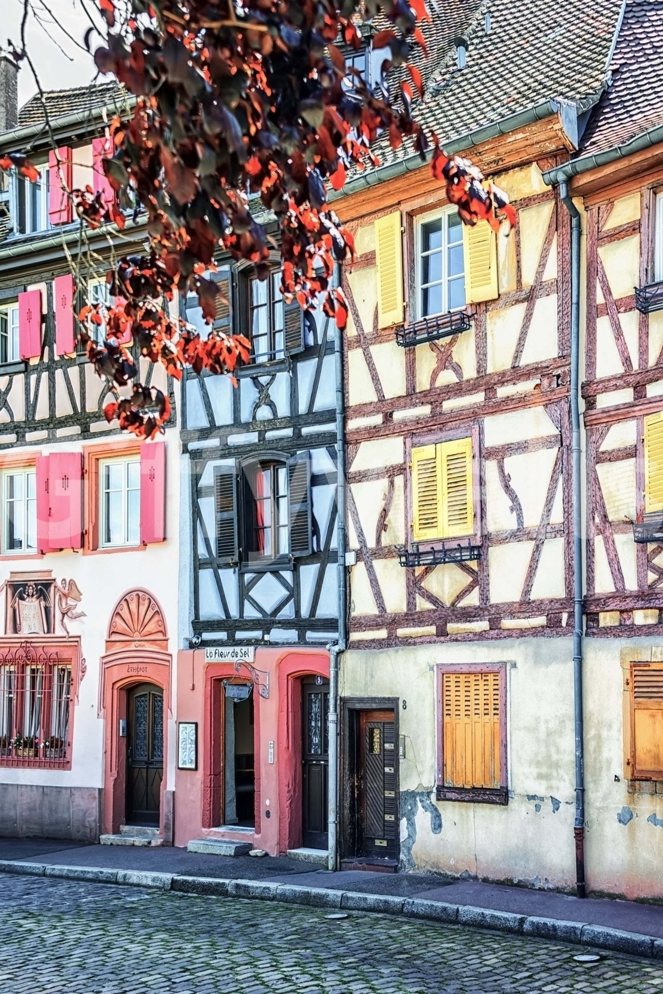 Vintage Alsace wall mural with pastel shutters and timber-front street facade view