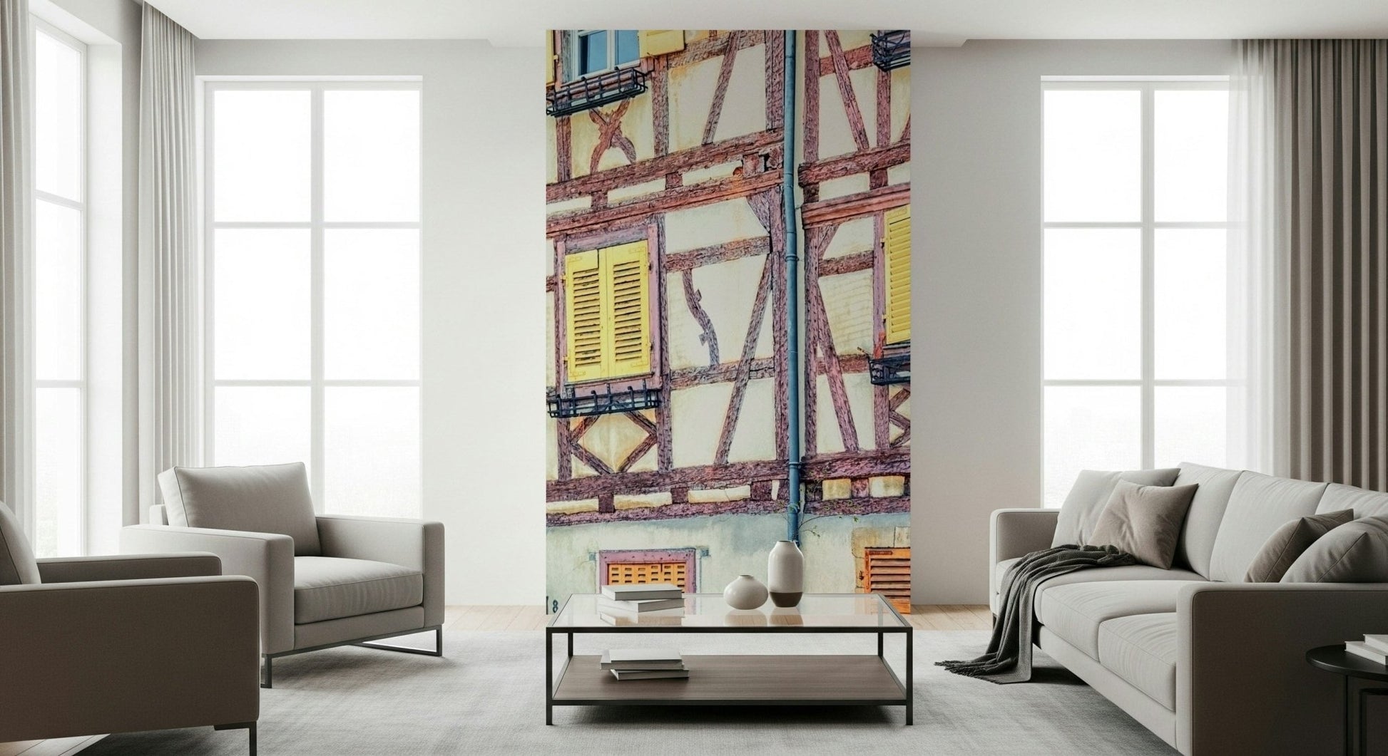 Vintage Alsace Wall Mural softens a living room with pastel shutters and beams
