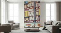Vintage Alsace Wall Mural softens a living room with pastel shutters and beams