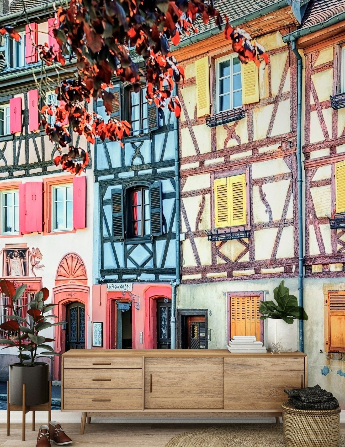 Sideboard corner styled with Vintage Alsace Wall Mural and warm timber house fronts